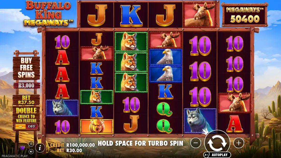 Buffalo King Megaways base game grid in demo mode